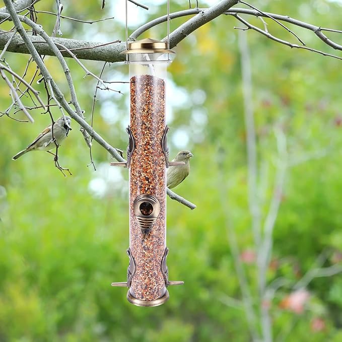 MIXXIDEA Metal Wild Bird Feeder, Squirrel Proof for Outside, Hanging 6 Port Tube Transparent Finch Feeder for Attracting Birds in Lawn, Garden, Balcony - Bronze