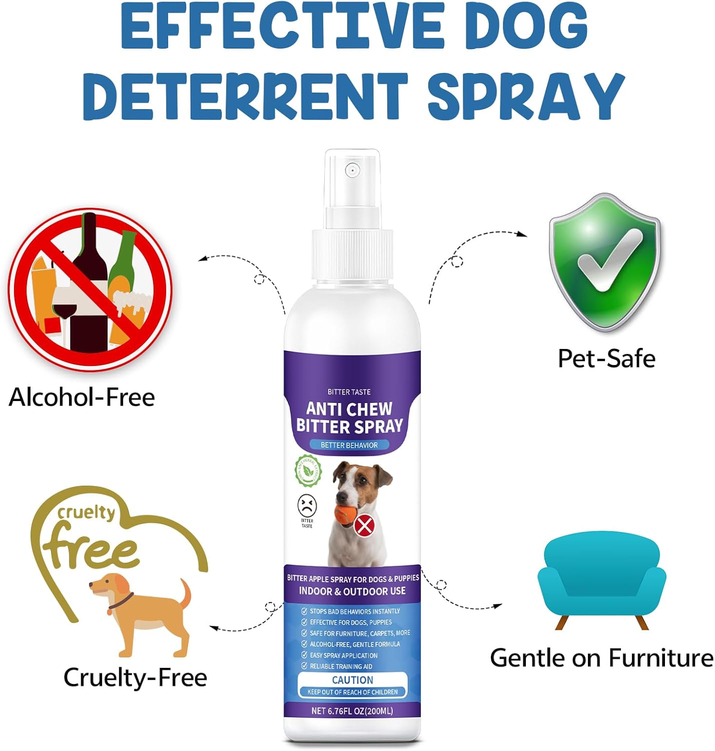 No Chew Spray for Dogs, 200ML Bitter Apple Spray for Dogs to Stop Chewing and Prevents Wound Licking, Protects Furniture, Shoes, Bandages, Alcohol-Free & Non-Toxic, Safe for Indoor & Outdoor Training