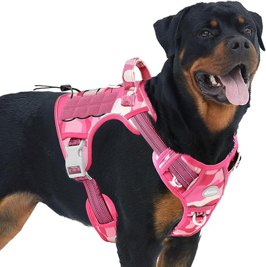 Auroth Tactical Pet Harness for Small Medium Large Dogs No Pull Adjustable, Reflective K9 Working Training Easy Control Vest Military Service Dog, Large, Pink Camo