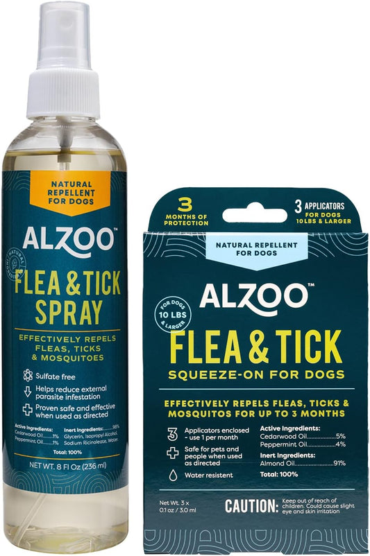 ALZOO Natural Flea & Tick Repellent Squeeze-On for Dogs and 8 Fl. Oz. Flea & Tick Repellent Spray for Dogs,Plant-Based Active Ingredients