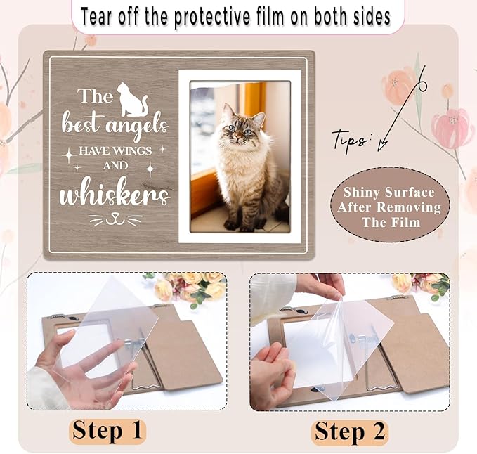 Cat Picture Frame, Cat Memorial Wooden Photo Frame, Pet Remembrance Gift, Sympathy Gift for Pet Owner, Cat Memorial Gifts for Loss of Cat, The Best Angels Have Wings and Whiskers (Gray, 4 x 6 Photo)
