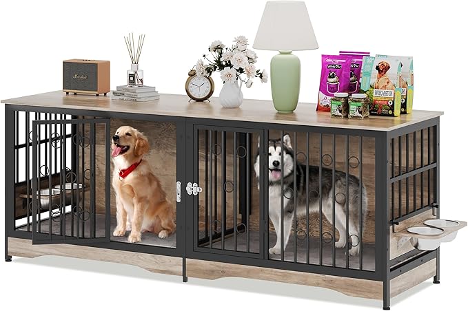 75'' Dog Crate Furniture Large Storage TV Stand with Dual Cushion / 4 Bowls/Double Rooms, Wooden Dog Kennel Dog Crate End Table with Removable Divider for Large Medium Dogs, Greige