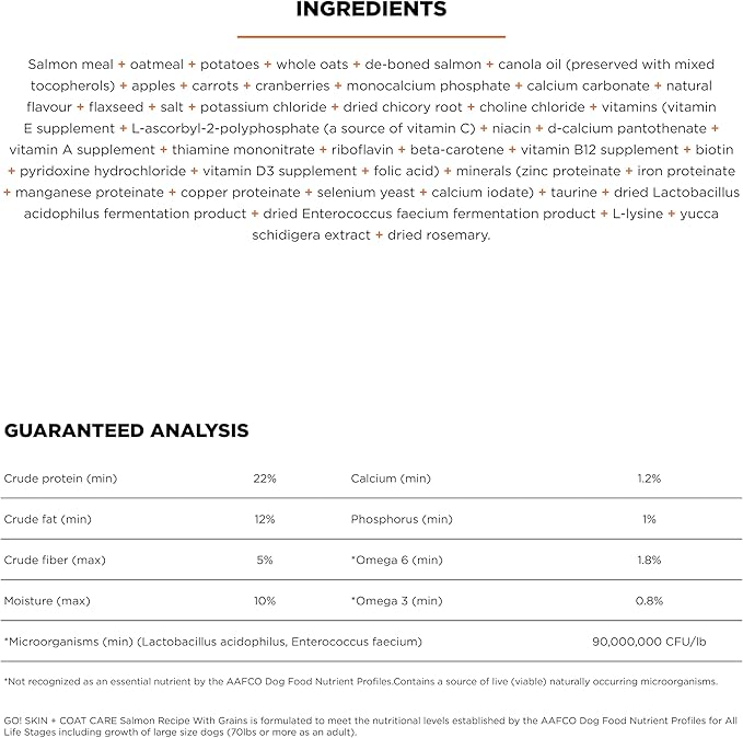 Go! Solutions Skin + Coat Care, Dry Dog Food, Salmon Recipe with Grains, 22 lb Bag