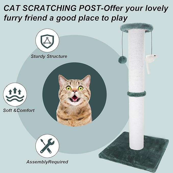 Cat Scratching Post 34 Inches Heavy Duty and Thicker Cat Scratching Post Sisal Rope with Hanging Ball and Mice Scratching Post for Indoor Cats and Adult(Green)