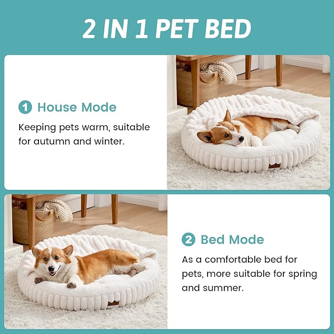 Small Dog Bed with Hooded Blanket, Round Fluffy Anti-Anxiety Pet Bed for Small Dogs & Medium Dogs, Cozy Donut Cuddler with Machine Washable Faux Fur & Anti-Slip Bottom(26"×26"×7",Cream)