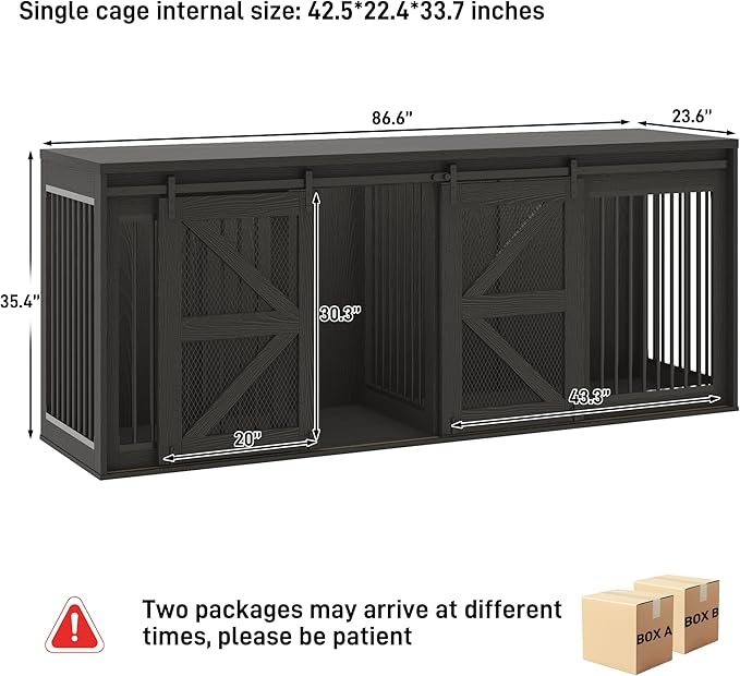 87In Farmhouse Dog Crate TV Stand, Wooden Dog Kennel Furniture with Sliding Metal Mesh Barn Door, Large Dog Crate Furniture for 2 Dogs, Solid Metal Tube & 2 Lockable Doors, Black