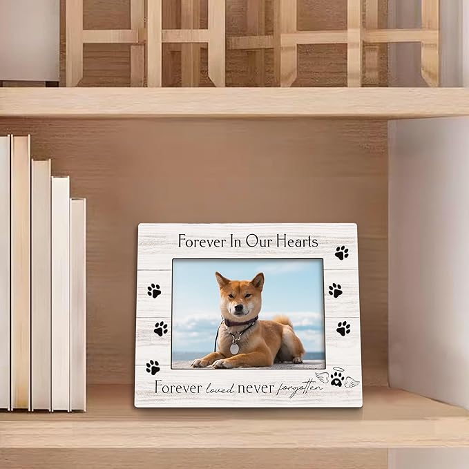 Dog Memorial Picture Frame 5x7, Memorial Pet Photo Frame, Dog Cat Memory Gifts for Loss of Dogs Cats, Forever in Our Hearts Sympathy Gifts Wooden Picture Photo Frames for Desk Home Room Decor