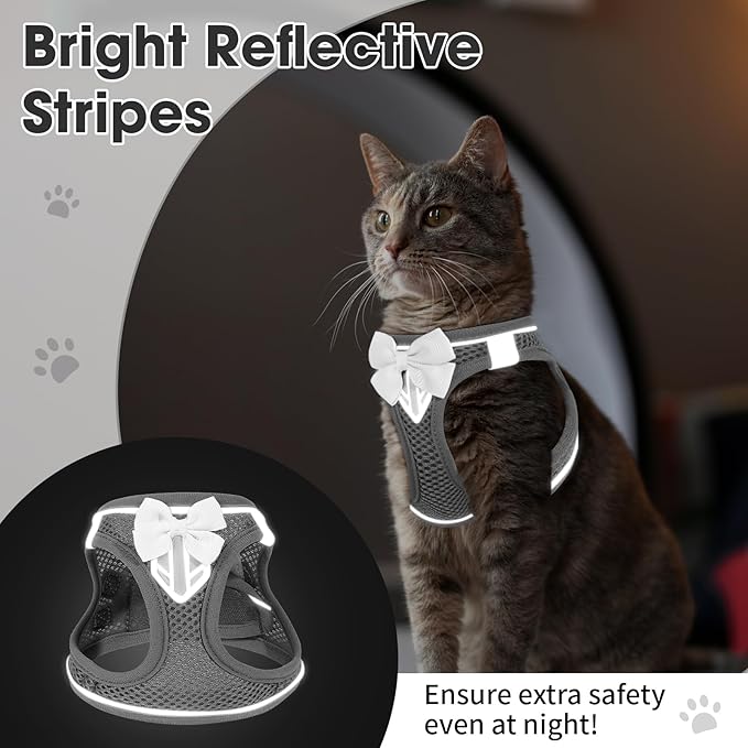Cat Vest Harness and Leash Set for Walking Escape Proof, Adjustable Kitten Harness Breathable Mesh with Reflective Strips Harness for Kitty Puppy Bunny (Grey,S)