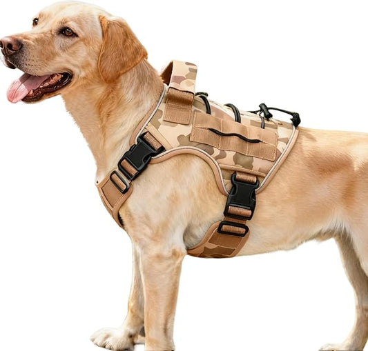 Heavy-Duty Tactical Dog Harness for Large Dogs, No Pull Adjustable Reflective Pet Vest with Molle System, K9 Military-Grade Control for Service Training, Outdoor & 10+ Breeds, Khaki Camo, Medium