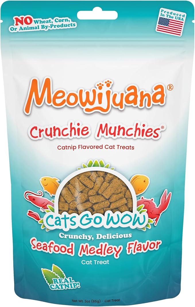 Meowijuana Crunchie Munchie Catnip Treats | Seafood Medley | Made with Organic Catnip | Produced in The USA | Low Calorie Cat Snack