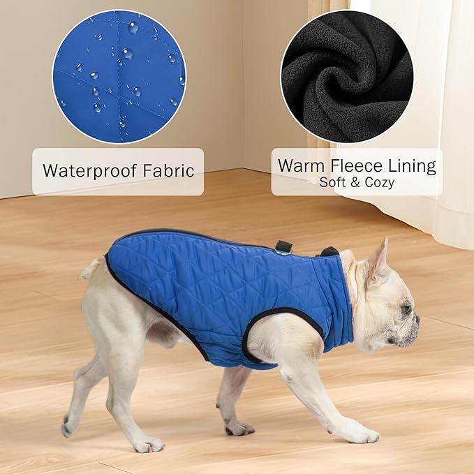 SCENEREAL Winter Dog Vest Coat with Harness Built in, Warm Puppy Jacket for Small Medium Dogs, Cold Weather Coat with Zipper, Fleece Puffer Vest Windproof Snow Clothes, Blue S