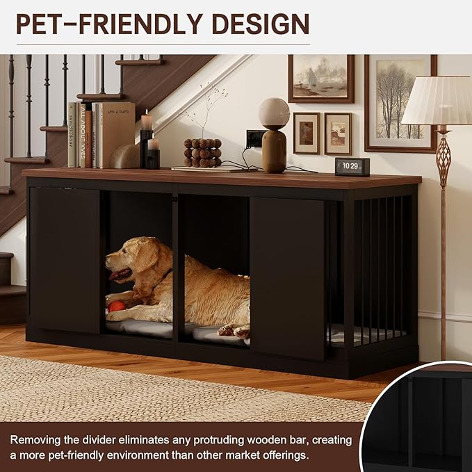 Dog Crate Furniture - Indoor Wooden Dog Kennel Furniture with Room Divider - 71"x23.6"x31.5"H, Black