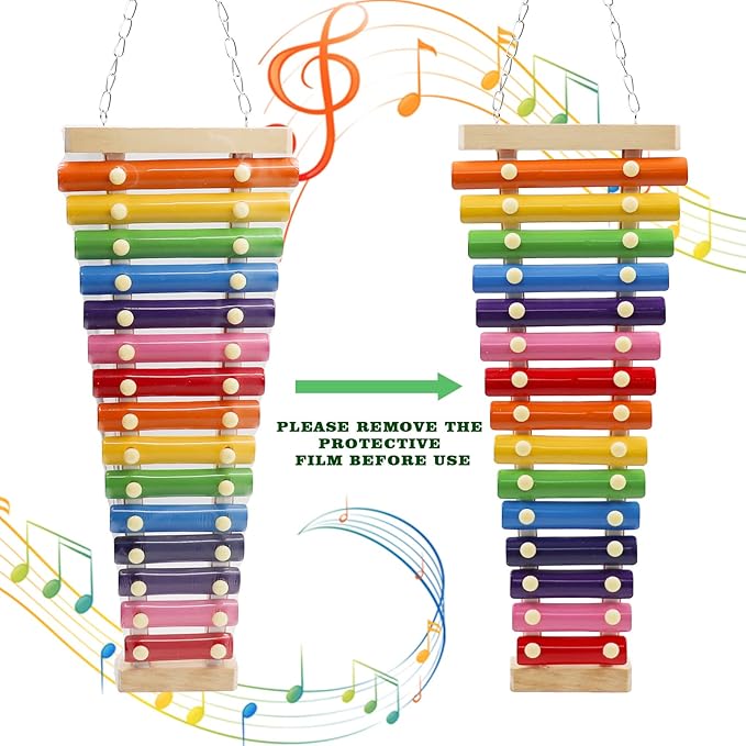 Dnoifne Large Colorful Bird Xylophone Toy, Suspensible Funny Xylophone Toy with 15 Metal Keys, Cage Accessories for Chicken Chick Birds Parrots Parakeets Cockatiels Budgies Love Birds