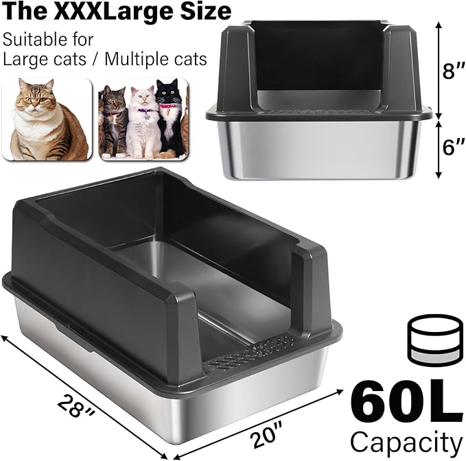 Stainless Steel Cat Litter Box XXXL-Extra Large 28"x20.5"x14" Metal Litter Box High Sides for Big Cats&Multiple Cats, Cat Litters Boxes with lid Easy to Clean, No Odor, Anti-Urine Leakage