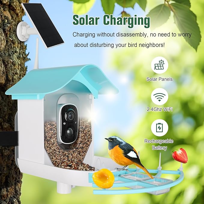 Bird Feeder with Camera, AI Identify Birds Species Solar Powered, Auto Record Videos in Backyard, Instant Notifications, Ideal Gift for Family and Bird Lovers