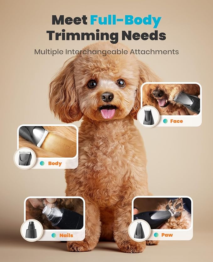 oneisall Quiet Dog Clippers for Grooming LED Light, Cordless Dog Grooming Kit 4 in 1, 2000mAh Pet Clippers Paw Trimmer Nail Grinder for Paw, Nail, Face, Ears, Legs, Body