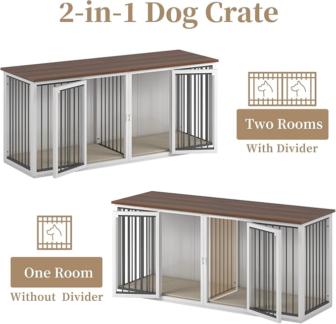 Large Dog Crate Furniture for 2 Dogs, 71.6'' Steel Frame Dog Crate with Double Doors, Heavy Sturdy Kennel for Small Medium Large Dogs, Indoor Double Dog Cage (White)
