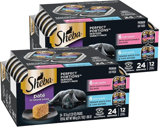 Sheba Perfect Portions Wet Cat Food Pate with Sustainable Salmon and Tender Whitefish & Tuna Entree Variety Pack, 2.6 oz. Twin-Pack Trays (12 Count, 24 Servings) (Pack of 2)