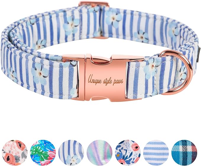 Unique style paws Dog Collar Metal Buckle Blue Striped Flower Collar Gift Durable Cute Collar for Small Medium Large Boys Girls Dogs