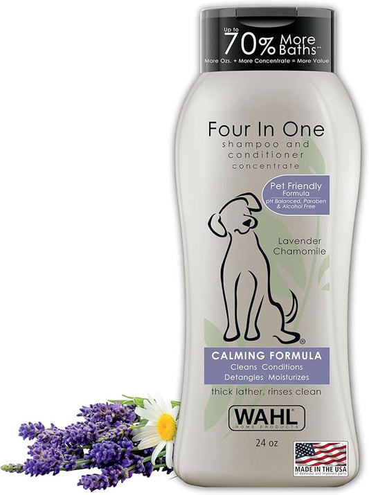 Wahl USA 4-in-1 Calming Dog Shampoo with Lavender Chamomile Scent – Cleans, Conditions, Detangles, & Moisturizes - Pet Friendly Formula - 24 Oz - Model 820000A