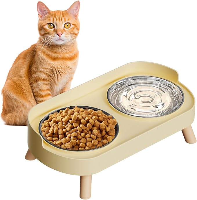 Elevated Cat Bowl, Raised Cat Food and Water Bowl Set for Indoor Cats, Splash Proof with 2 Stainless Steel Pet Food Bowls for Cats and Puppies, Whisker Fatigue and Dishwasher Safe - Yellow