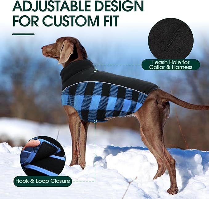 Kuoser Dog Winter Coat, Reversible Waterproof Dog Jacket with Reflective Strip, Warm Dogs Fleece Vest Adjustable Doggy Cold Weather Clothes Plaid Christmas Outfit Pet Apparel for Medium Dogs, Blue M