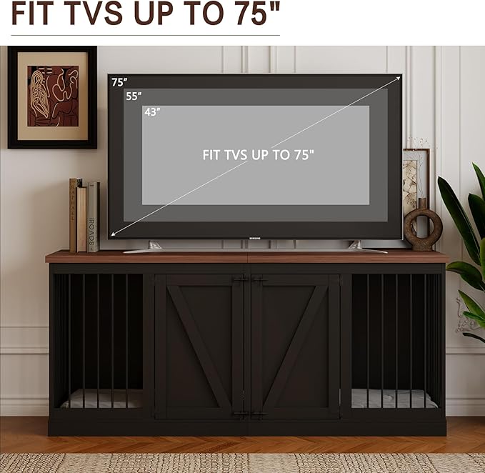 Dog Crate Furniture - Indoor Wooden Dog Kennel Furniture with Room Divider - 71"x23.6"x31.5"H, Black