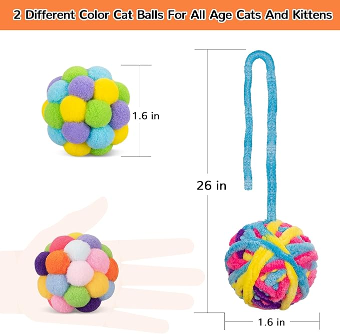 Retro Shaw Cat Toys Balls, 6Pcs Yarn Cat Balls with Bells Inside, Interactive Kitten Chew Toys for Indoor Kittens Kitty, Jingle Kitten Ball with String