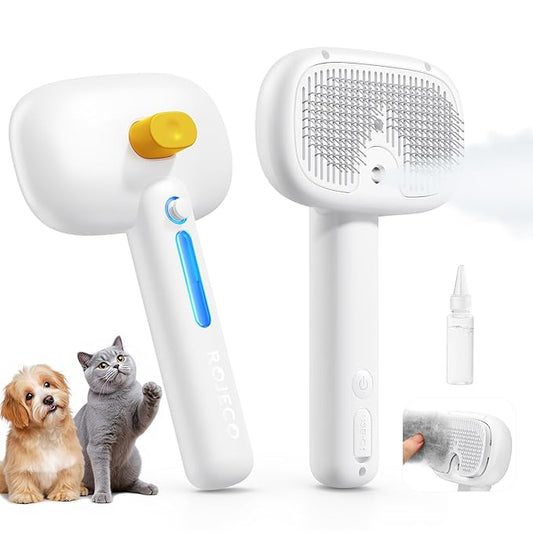 ROJECO 3-in-1 Pet Steam Brush for Cats&Dogs-Pet Spray Hair Removal Detangling Comb with Adjustable Mist,Handheld Deshedding Grooming Tool for Long/Short Hair,Massage Brush & Shedding Control,Cordless