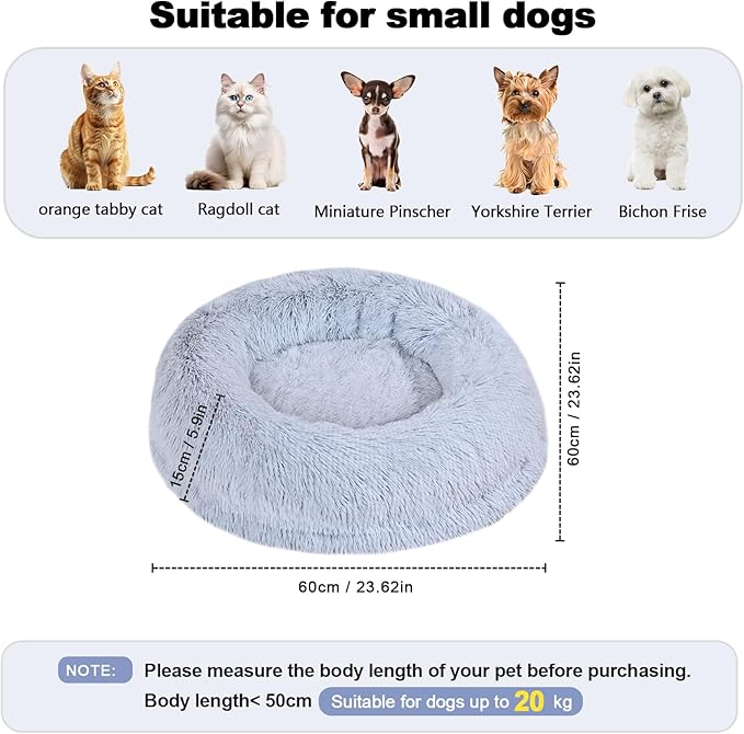 Calming Donut Pet Bed for Cats and Small Dogs, Washable Anti-Anxiety Round Bed with Non-Slip Bottom, [23.62 x 23.62 x 5.9 Inch] Plush Dog Cat Bed for Small Medium Pets (Gray)