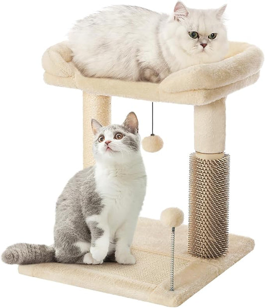 Made4Pets Small Cat Tree Tower, Cat Scratching Post 4-in-1 with Cat Self Groomer Brush, 20" Tall Natural Sisal Cat Scratcher, Soft Plush Cat Perch Bed with Dangling Ball for Indoor Kittens, Beige