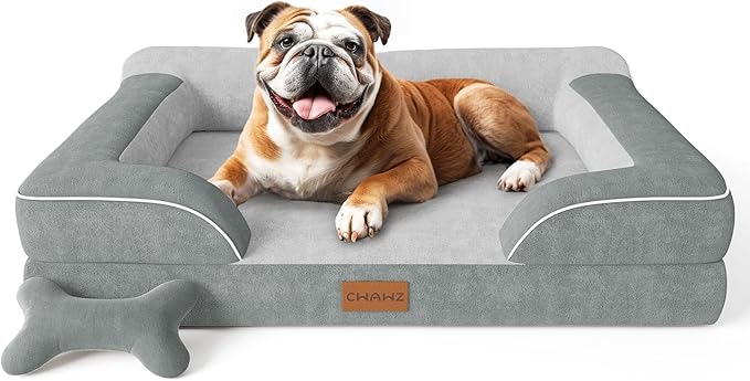 Dog Beds for Large Dogs, Orthopedic Dog Bed with Cooling Gel Memory Foam, Waterproof Large Pet Bed with Removable Washable Cover, 36" Pet Sofa Couch Dutch Velvet with Bone Toy, Light Gray