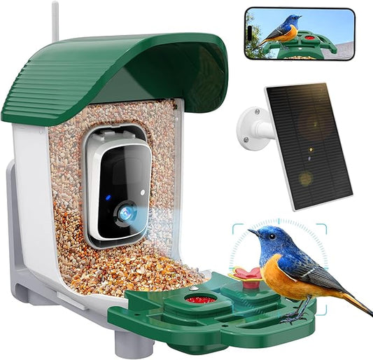 Smart Bird Feeder with 3MP HD Camera & AI Identify, Hummingbird Feeder with Solar Panel, Supports Two-Way Audio, Instant Arrival Alerts, Birdhouses for Outdoors, Gifts for Bird Lovers, Green