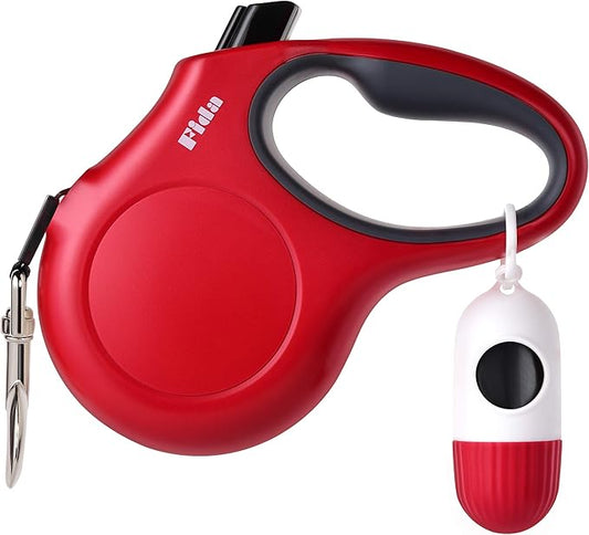 Fida Retractable Dog Leash with Dispenser and Poop Bags, 10 ft Pet Walking Leash for X-Small Dog or Cat up to 18 lbs, Anti-Slip Handle, Tangle Free, Reflective Nylon Tape (XS, Red)