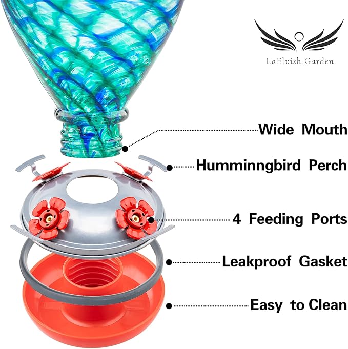 Hummingbird Feeders, 34OZ Hand Blown Glass Hummingbird Feeder for Outdoors Hanging with Ant MoatHooks, Perfect for Gardening Yard Patio Decor Gifts (Blue Mermaid)