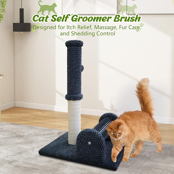Cat Scratching Post with Cat Hair Brush & Interactive Ball, 22 Inch Sisal Cat Scratch Tower, Durable Thick Fabric Cat Scratcher for Indoor Cats, Kitten Exercise Play Furniture, Dark Grey