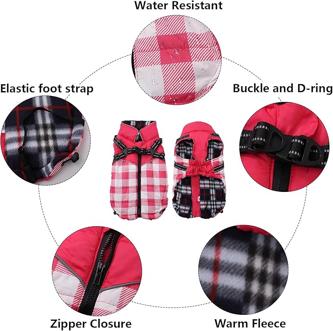 Dog Coat with Harness,Small Dog Winter Coat,Doggie Jackets with Built in Harness,Adjustable Warm Jacket for Medium Large Dogs,Pet Puppy Cold Weather Coats for Dogs Waterproof (PlaidPink, Large)