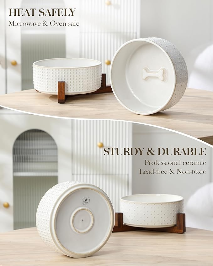 MALACASA Dog Bowl Set with Walnut Wood Stand, 6 Cups Ceramic Pet Bowls for Puppy Dogs, Dual Food and Water Bowls with Weighted Non-Slip Base, Basic Bowls for Your Dog, Rhombic & Polka Dots