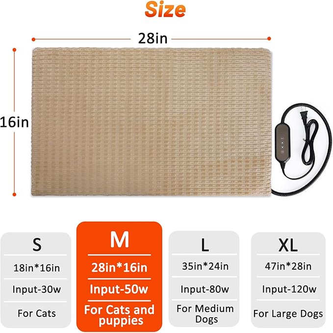 Cat Heating Pad, Waterproof Heated Cat Dog Bed with Adjustable Temperature & Timer, Electric Pet Mat for Indoor Cats Dogs, Chew Resistant Steel Cord（Medium : 28"x20" Brown）