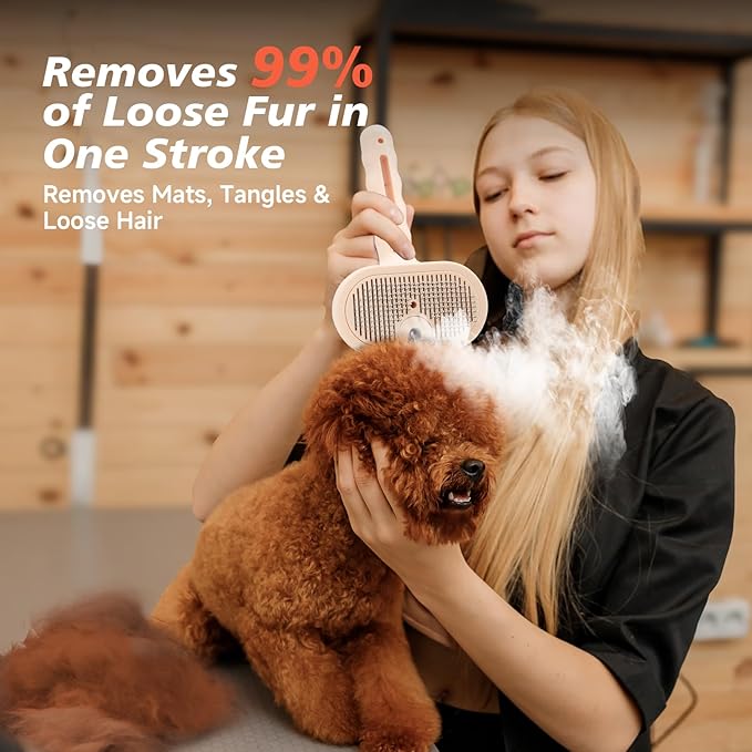 Steam Dog Brush for Shedding & Grooming - Self-Cleaning Deshedding Brush with Spritz Function, Slicker Pet Spray Hair Removal Comb | Defurring Tool for Long and Short Haired Dogs Cats (Pink)