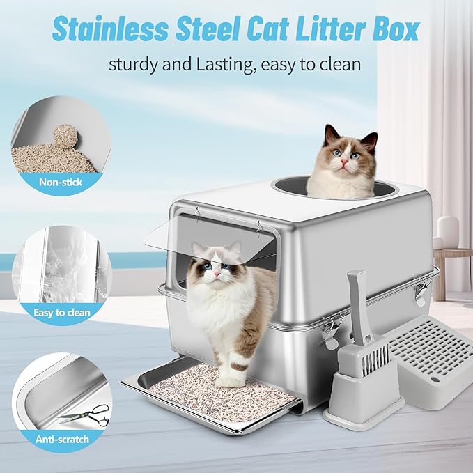 Stainless Steel Litter Box with Pull-Out Drawer, 23.6"L x 15.8"W x 15.8"H Enclosed Metal Cat Litter Box Tray with High Sides, Scoop, Filter Pedal, Top & Side Entry, Non-Sticky, Easy Cleaning