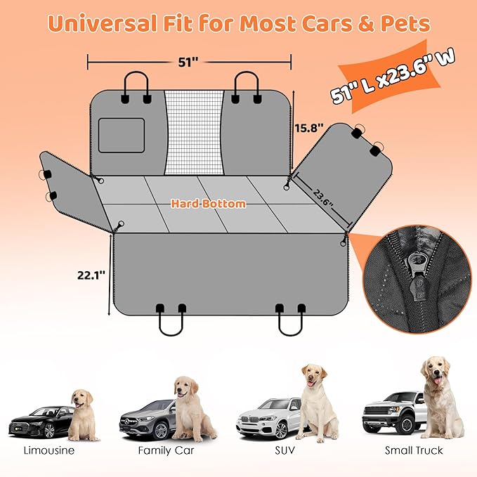 URPOWER Back Seat Extender for Dogs - Hard Bottom Dog Car Seat Cover with 1PC Leak-Proof Pee Pad, Foldable Dog Hammock for Car, SUV, and Truck, Pet Rear Seat Protector Dogs Travel Bed with Mesh Window