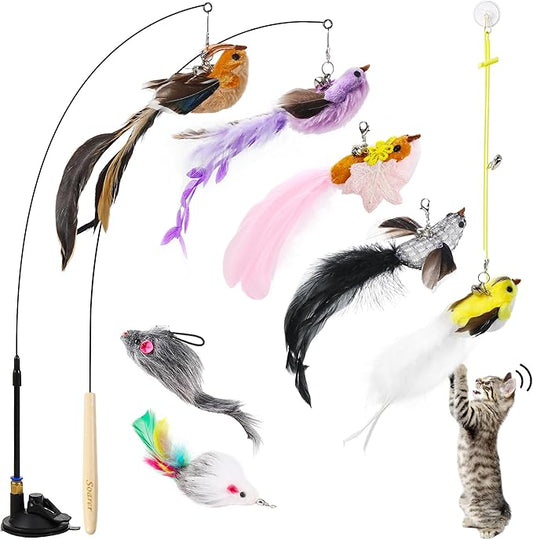 Soarer 3-in-1 Flying Bird Cat Toys - 7Pcs Wooden Cats Wand Toy Fishing Pole Cat Bird Toys Replacements,Interactive Enhanced Suction Cup and Door Hanging Cat String Toys for Indoor Kitten