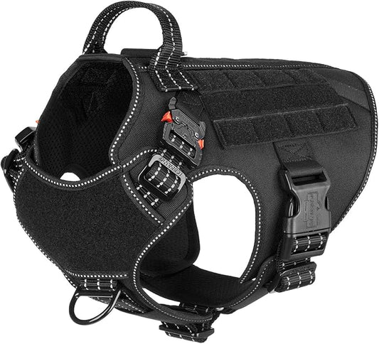 ICEFANG Tactical Dog Harness, Medium Size,2X Metal Buckle,Working Dog MOLLE Vest with Handle,No Pulling Front Leash Clip,Hook and Loop Panel (Black,M (Pack of 1))