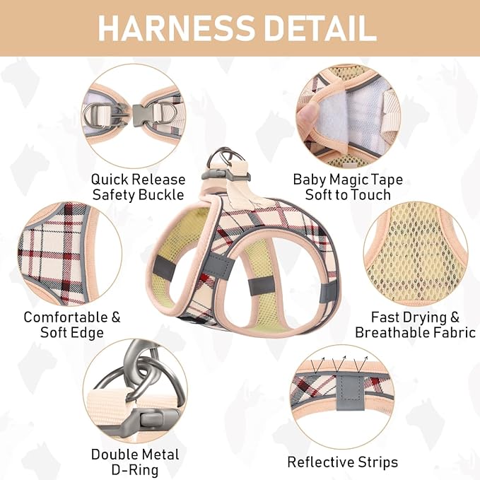 GAMUDA Small Dog Harness Collar and Leash Set, Step in No Chock No Pull Soft Mesh Adjustable Dog Vest Harnesses Plaid Reflective for Dogs Puppy Cats Kitten Rabbit (Beige Red, XXXS)