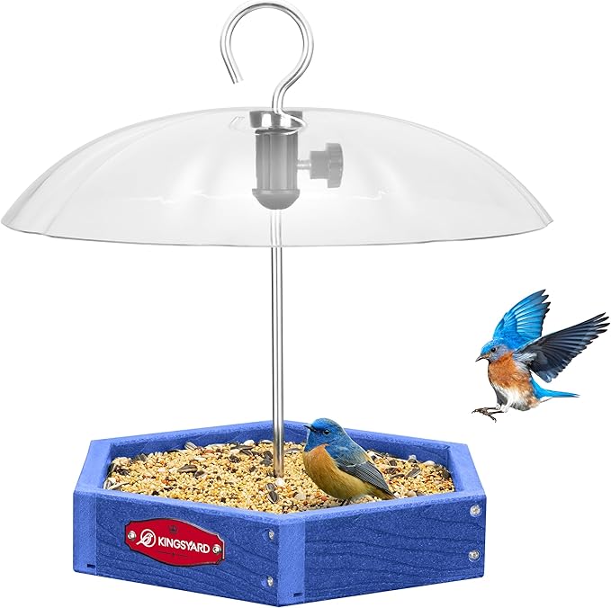 Kingsyard Large Platform Bird Feeder Outdoor Hanging, Adjustable Dome Squirrel Proof Rain Cover, Metal Mesh Tray Recycled Plastic Wild Bird Seed Feeding Station, Blue