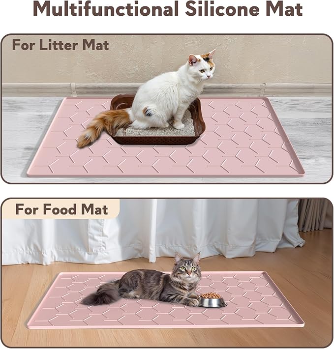Silicone Cat Litter Trapping Mat, Large Waterproof 34" X 22" Cat Litter Box Mat, Easy to Clean, Pink