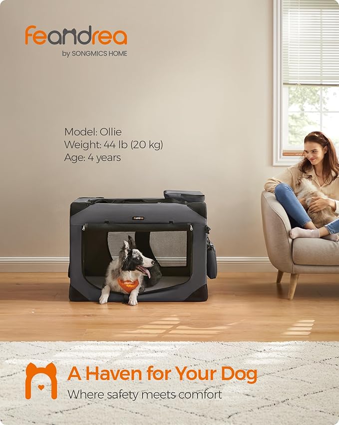 Feandrea 36 Inches Collapsible Soft Dog Crate, Portable Travel Dog Crate for Indoor and Outdoor Use, Dog Carrier Kennel with Safety Zippers, for Living Room, Car, Travelling, Camping, Gray UPDC90G01