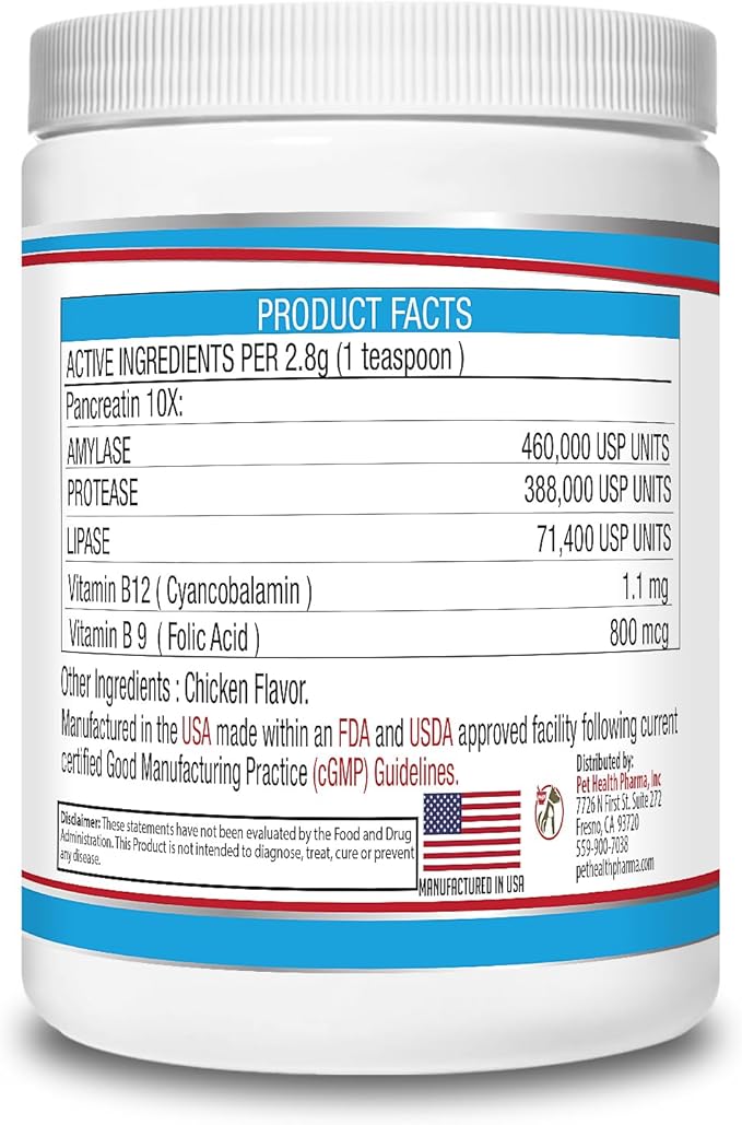 PancreaMax 10x Pancreatic Enzymes for Dogs and Cats (12 oz) Powder (Made in U.S.A). Pancreatin 10X for Dogs and Cats Contain Pancreatic Enzyme, High Strength, Low Odor.(10x Porcine Pancreatin)