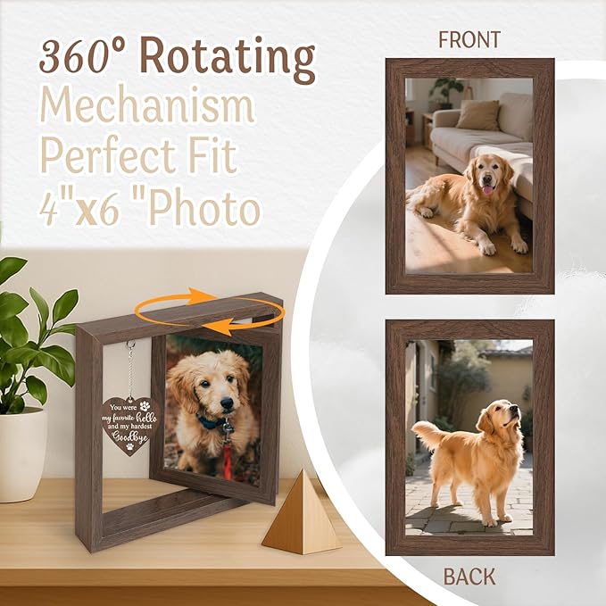 Dog Memorial Gifts for Loss of Dogs, Rotating Wooden Dog Memorial Frame for 4x6 Photo, Pet Loss Sympathy Remember Gift for Dogs and Cats
